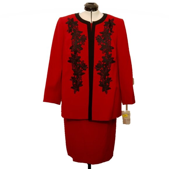 Kasper Dresses & Skirts - Kasper Women's Fire Red/Black Embroidered Open Front Jacket & Dress
